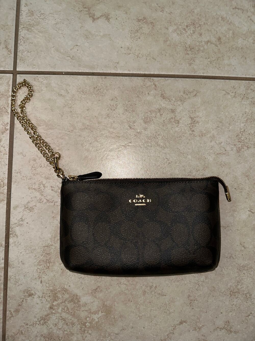 Coach Signature Canvas Zip Wristlet Wallet Brown Black Gold Chain Clutch